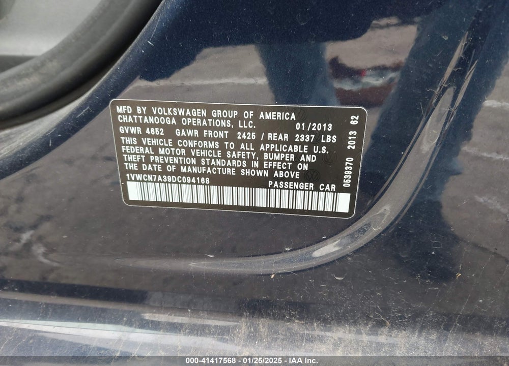 2013 VOLKSWAGEN PASSAT VIN: 1VWCN7A39DC094168