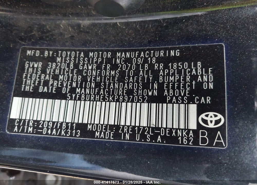 2019 TOYOTA COROLLA VIN: 5YFBURHE5KP897052
