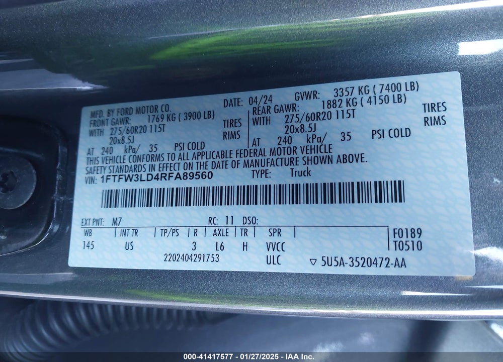 2024 FORD F-150 VIN: 1FTFW3LD4RFA89560