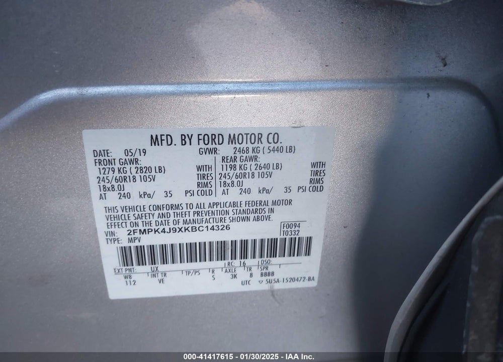 2019 FORD EDGE SEL VIN: 2FMPK4J9XKBC14326