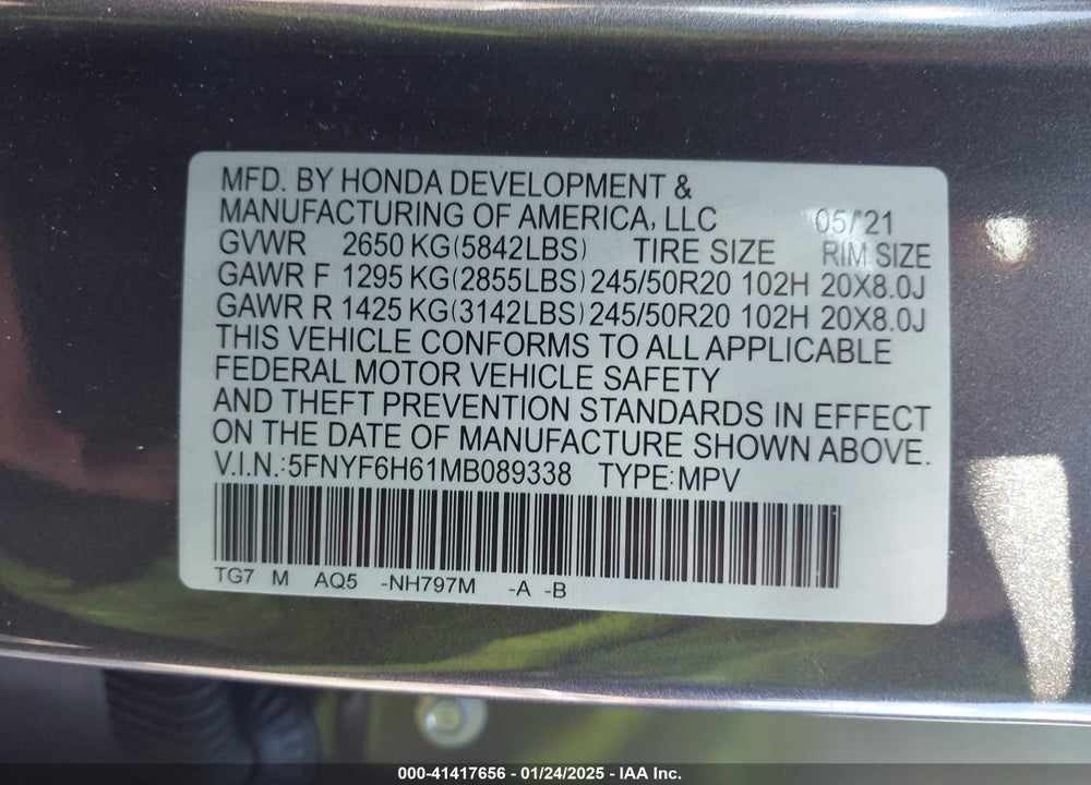 2021 HONDA PILOT VIN: 5FNYF6H61MB089338