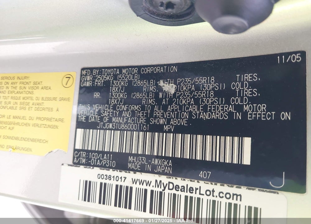 2006 LEXUS RX 400H VIN: JTJGW31U860001161