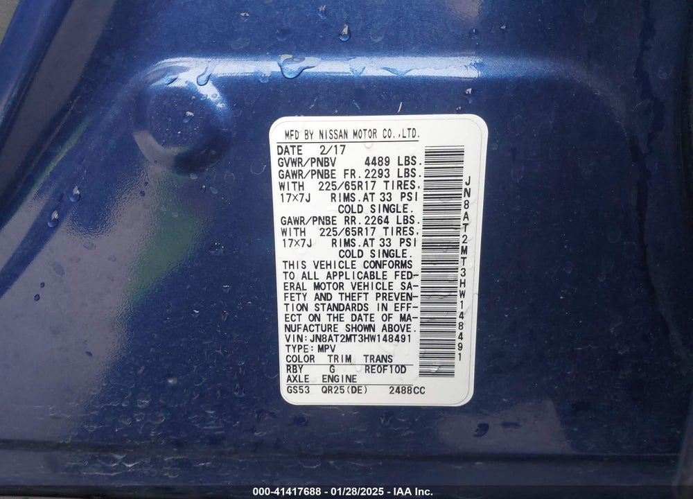 2017 NISSAN ROGUE VIN: JN8AT2MT3HW148491
