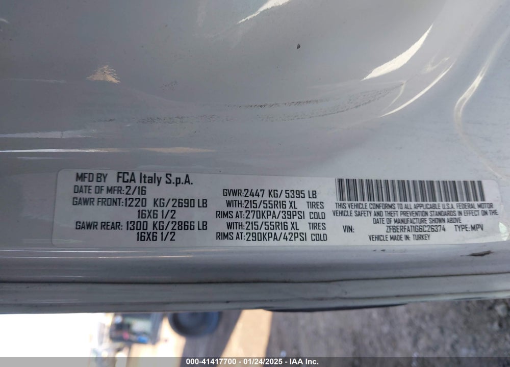 2016 RAM PROMASTER CITY TRADESMAN VIN: ZFBERFAT1G6C26374