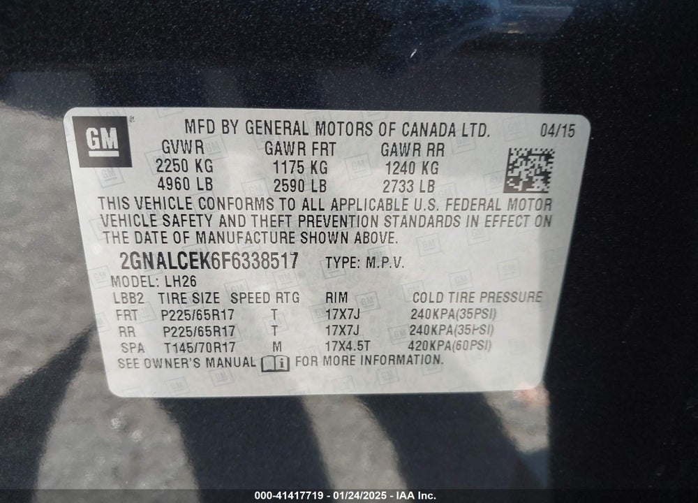 2015 CHEVROLET EQUINOX 2LT VIN: 2GNALCEK6F6338517