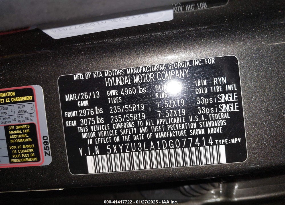2013 HYUNDAI SANTA FE SPORT 2.0T VIN: 5XYZU3LA1DG077414