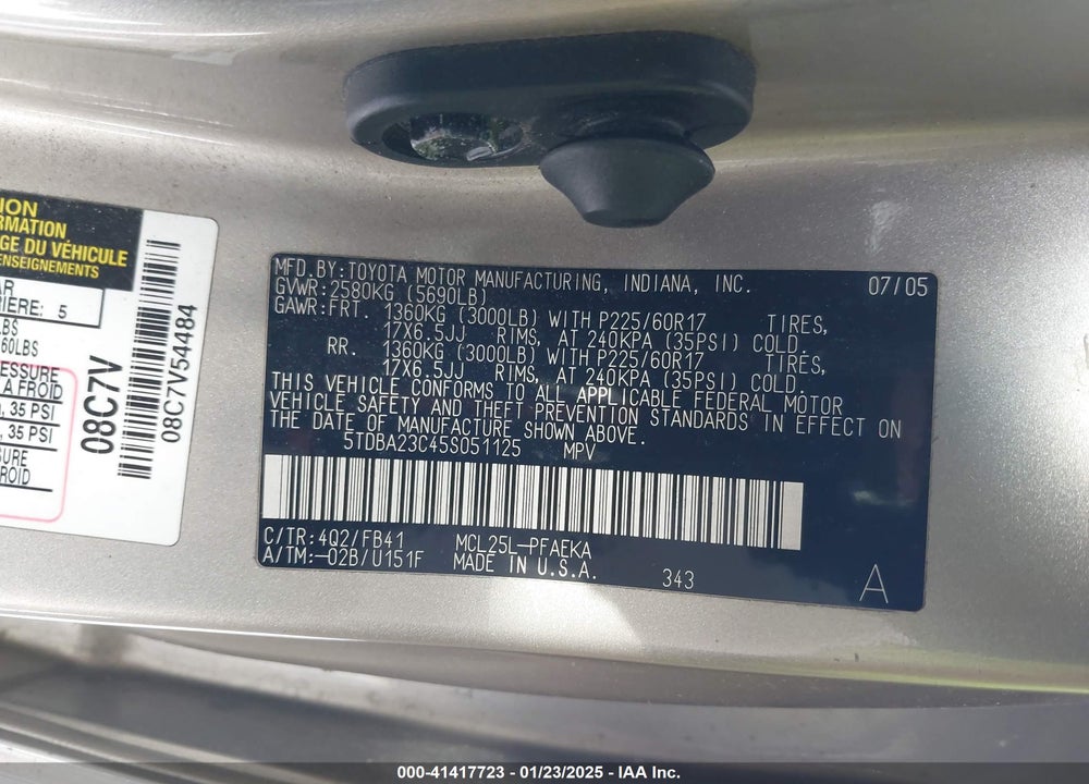 2005 TOYOTA SIENNA LE VIN: 5TDBA23C45S051125