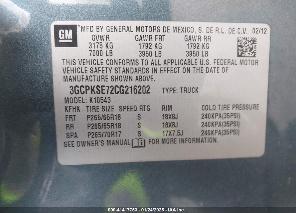 2012 CHEVROLET SILVERADO 1500 LT VIN: 3GCPKSE72CG216202