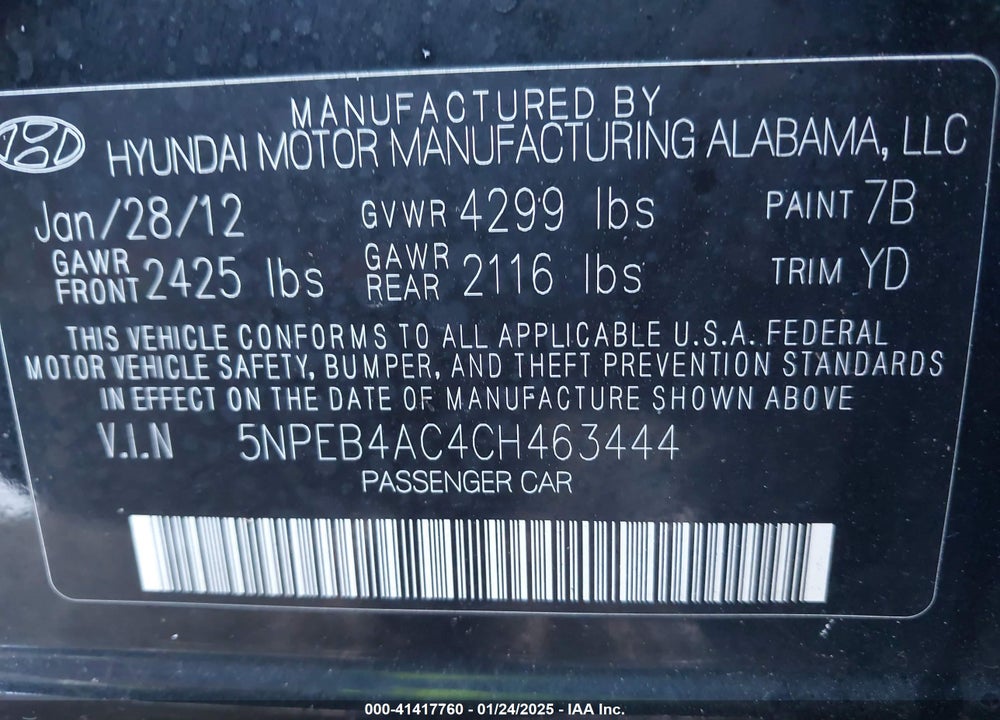 2012 HYUNDAI SONATA VIN: 5NPEB4AC4CH463444