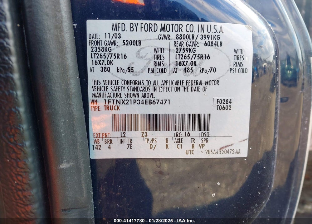 2004 FORD F-250 LARIAT/XL/XLT VIN: 1FTNX21P34EB67471