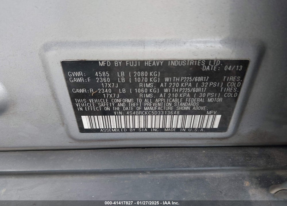 2013 SUBARU OUTBACK 2.5I LIMITED VIN: 4S4BRCKC5D3313648
