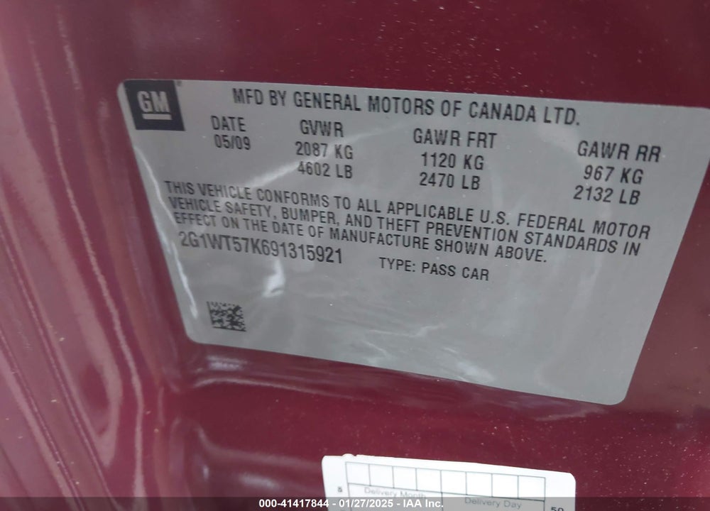 2009 CHEVROLET IMPALA VIN: 2G1WT57K691315921
