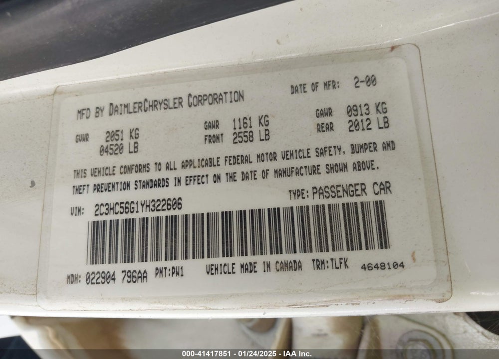2000 CHRYSLER LHS VIN: 2C3HC56G1YH322606