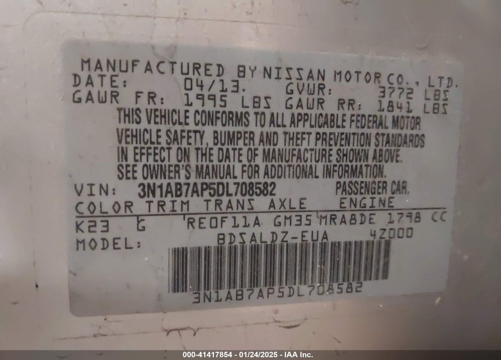 2013 NISSAN SENTRA SV VIN: 3N1AB7AP5DL708582