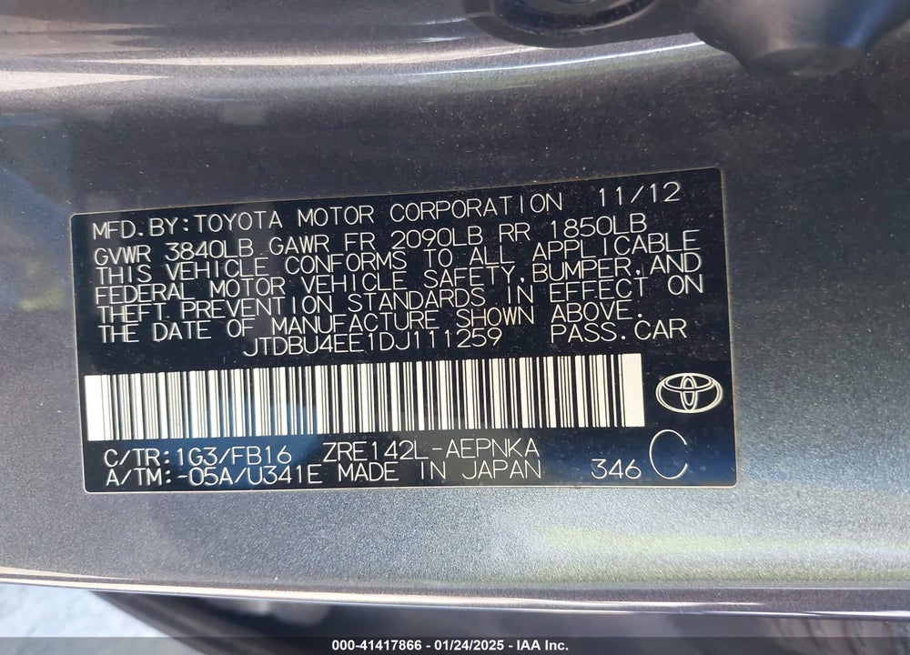 2013 TOYOTA COROLLA VIN: JTDBU4EE1DJ111259