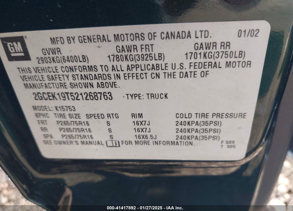 2002 CHEVROLET SILVERADO 1500 LS VIN: 2GCEK19T521268763