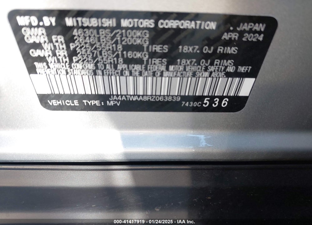 2024 MITSUBISHI ECLIPSE CROSS SE/SEL VIN: JA4ATWAA8RZ063839