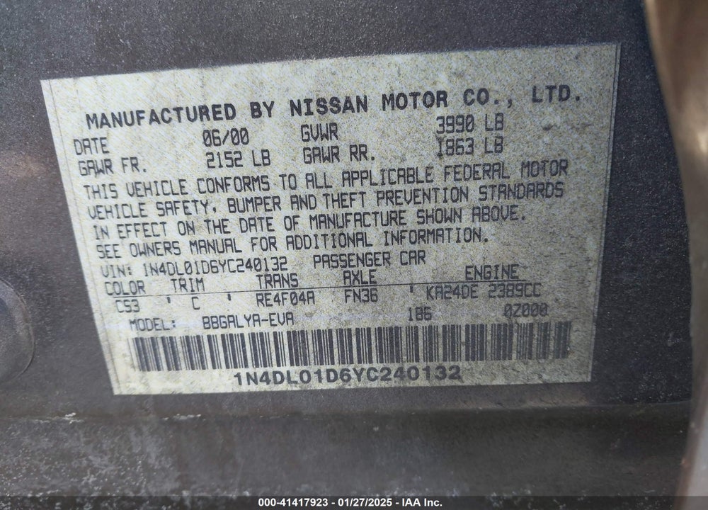 2000 NISSAN ALTIMA GLE/GXE/SE/XE VIN: 1N4DL01D6YC240132