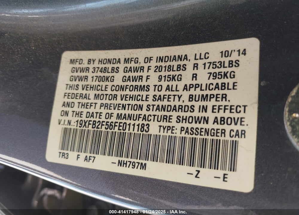 2015 HONDA CIVIC LX VIN: 19XFB2F56FE011183