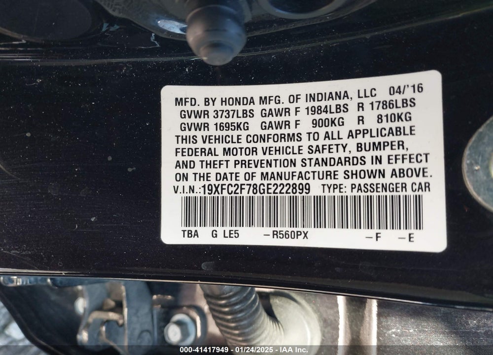 2016 HONDA CIVIC VIN: 19XFC2F78GE222899