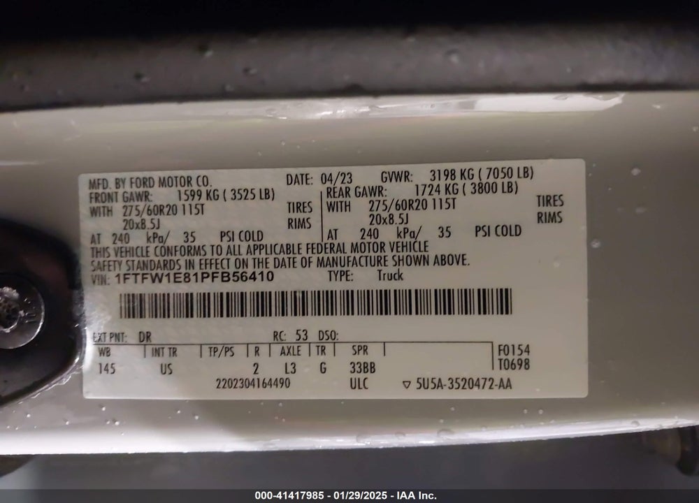 2023 FORD F-150 VIN: 1FTFW1E81PFB56410