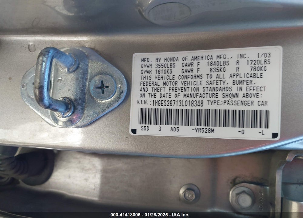 2003 HONDA CIVIC EX VIN: 1HGES26713L018348