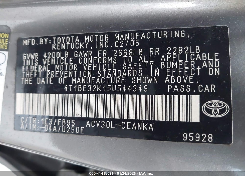 2005 TOYOTA CAMRY LE VIN: 4T1BE32K15U544349