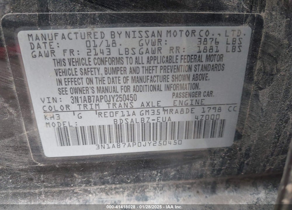 2018 NISSAN SENTRA VIN: 3N1AB7AP0JY250450
