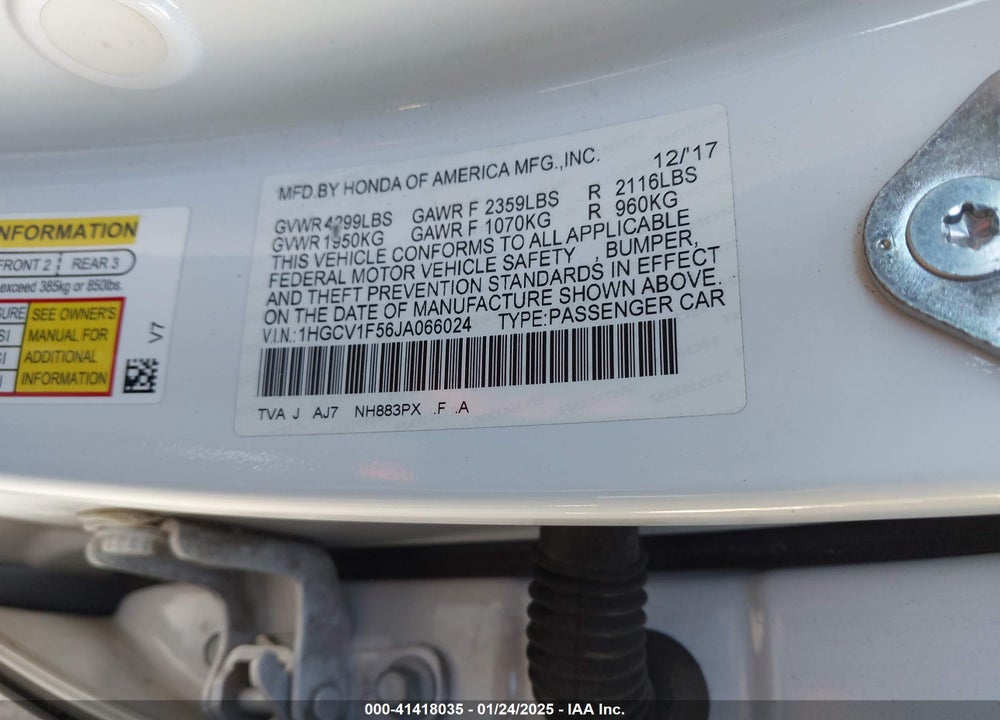 2018 HONDA ACCORD VIN: 1HGCV1F56JA066024