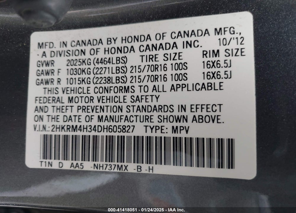 2013 HONDA CR-V VIN: 2HKRM4H34DH605827