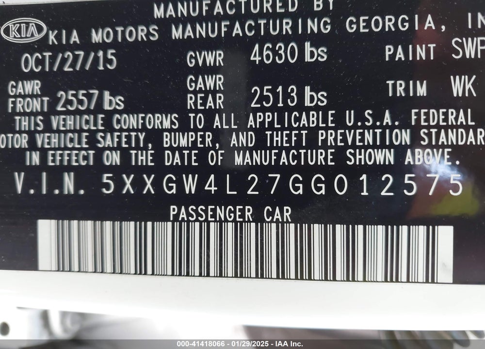 2016 KIA OPTIMA SX TURBO VIN: 5XXGW4L27GG012575