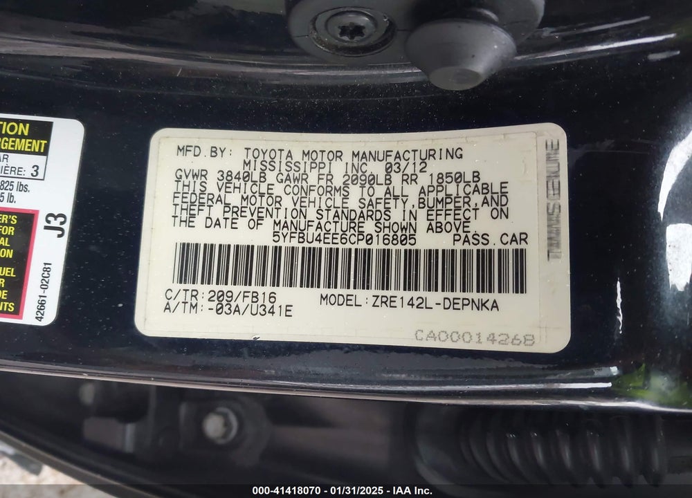 2012 TOYOTA COROLLA VIN: 5YFBU4EE6CP016805