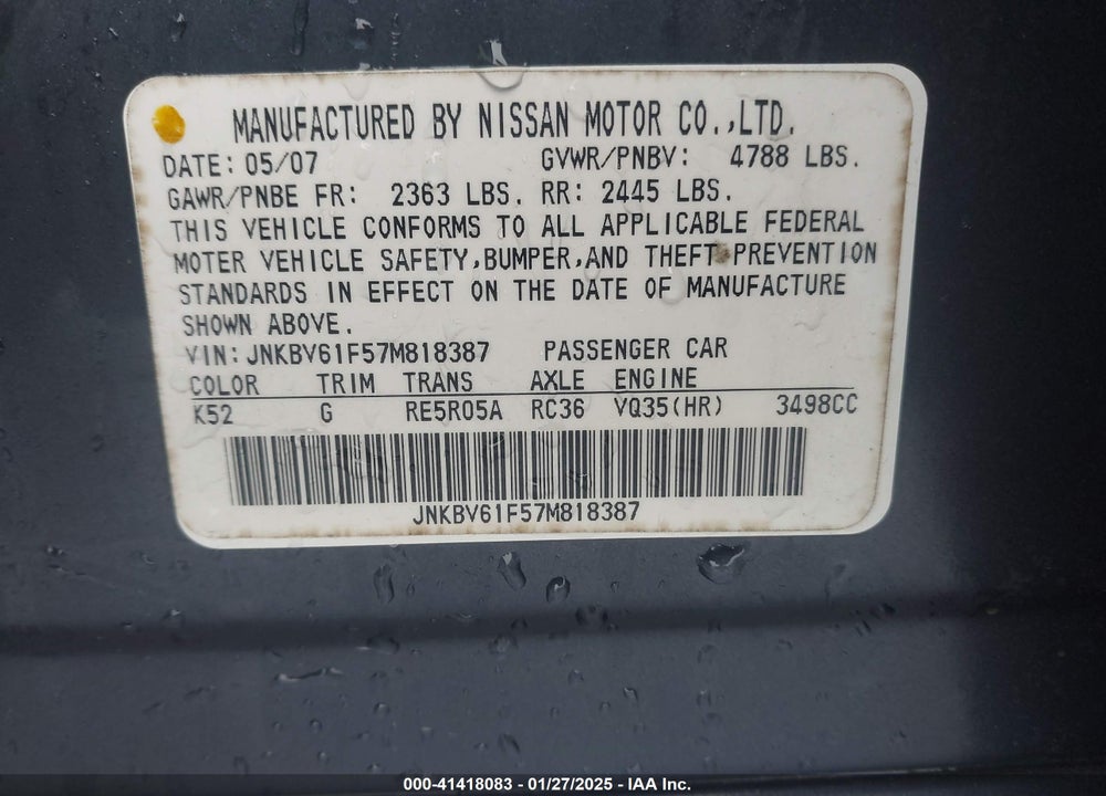 2007 INFINITI G35X VIN: JNKBV61F57M818387
