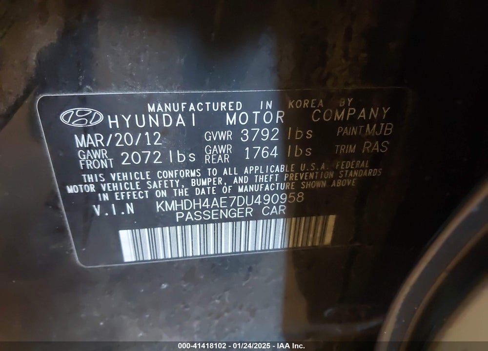 2013 HYUNDAI ELANTRA VIN: KMHDH4AE7DU490958