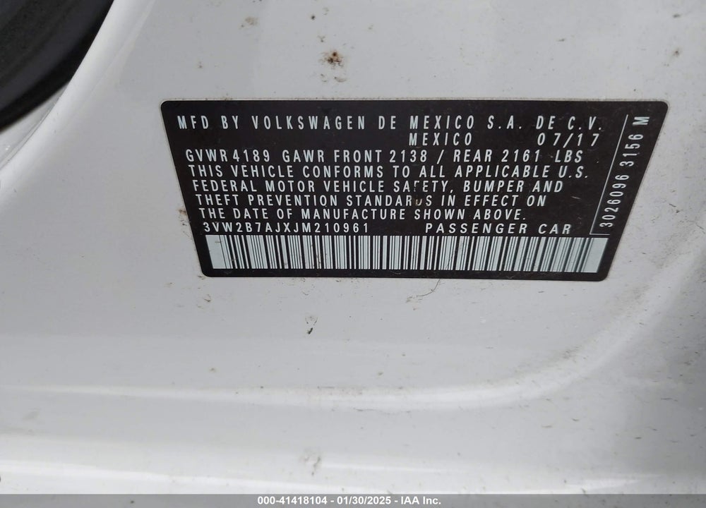 2018 VOLKSWAGEN JETTA VIN: 3VW2B7AJXJM210961
