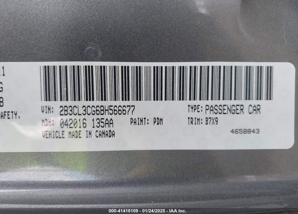2011 DODGE CHARGER VIN: 2B3CL3CG6BH566677