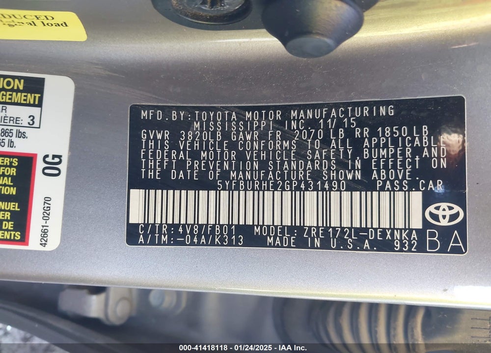 2016 TOYOTA COROLLA VIN: 5YFBURHE2GP431490