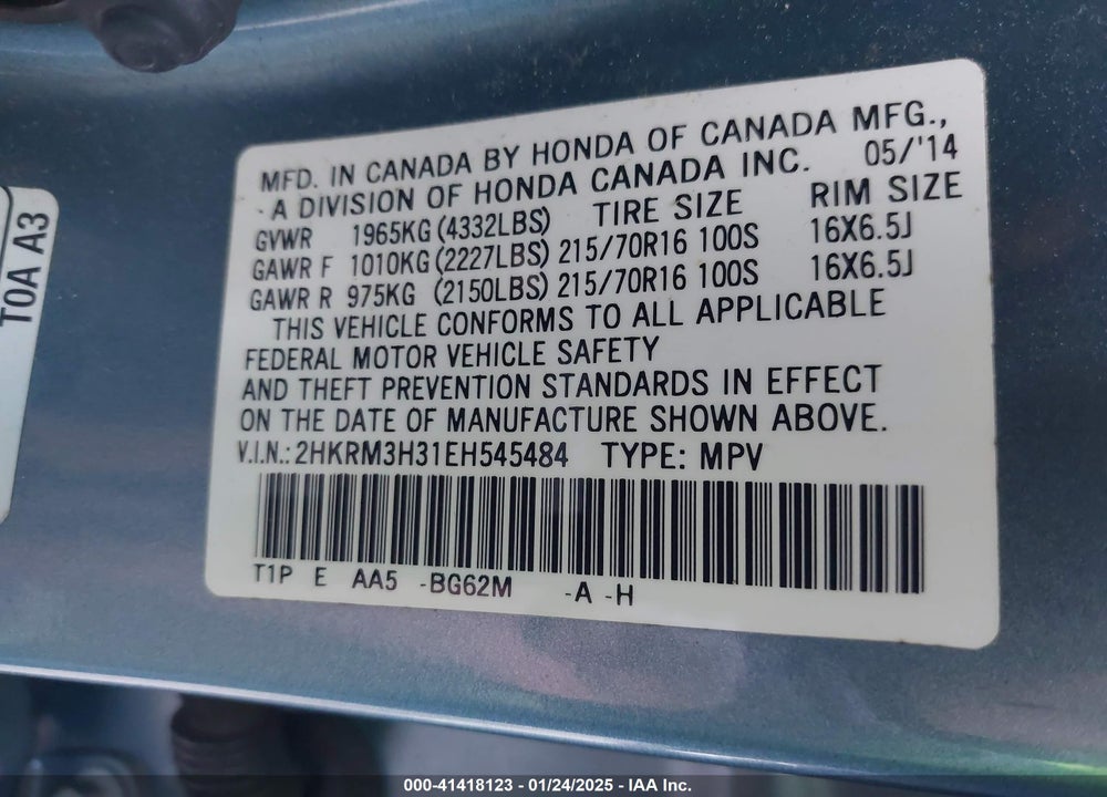 2014 HONDA CR-V LX VIN: 2HKRM3H31EH545484