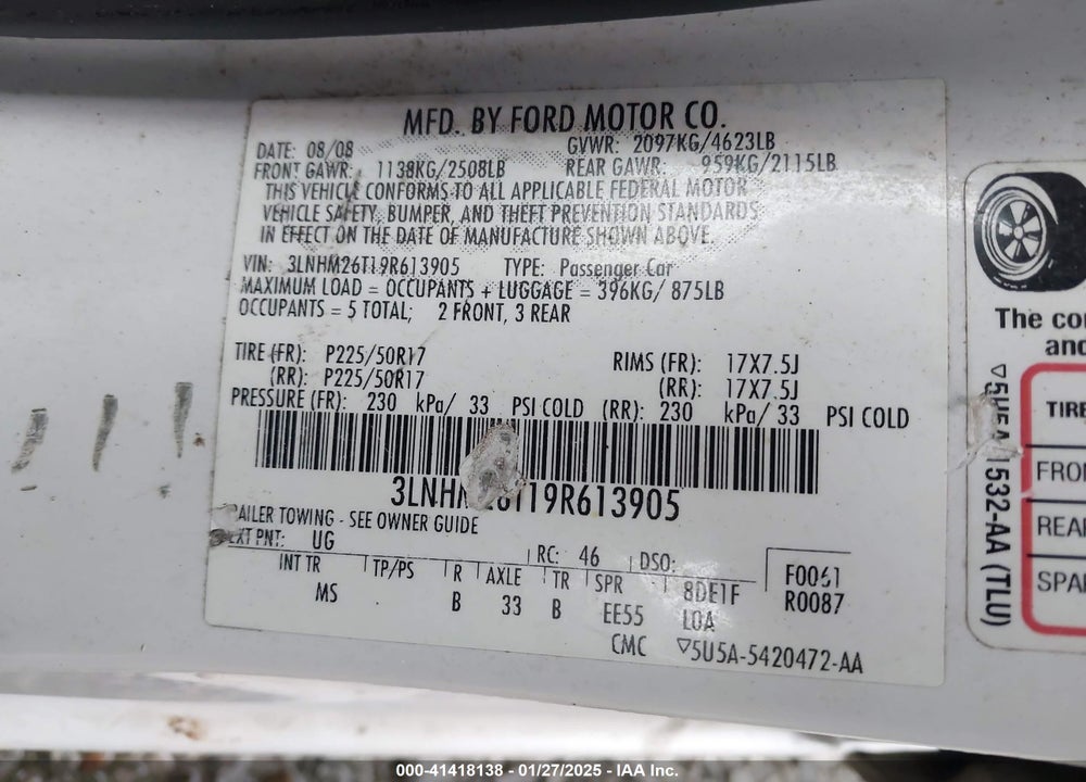 2009 LINCOLN MKZ VIN: 3LNHM26T19R613905