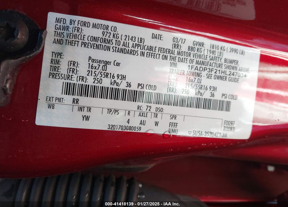 2017 FORD FOCUS SE VIN: 1FADP3F21HL247034