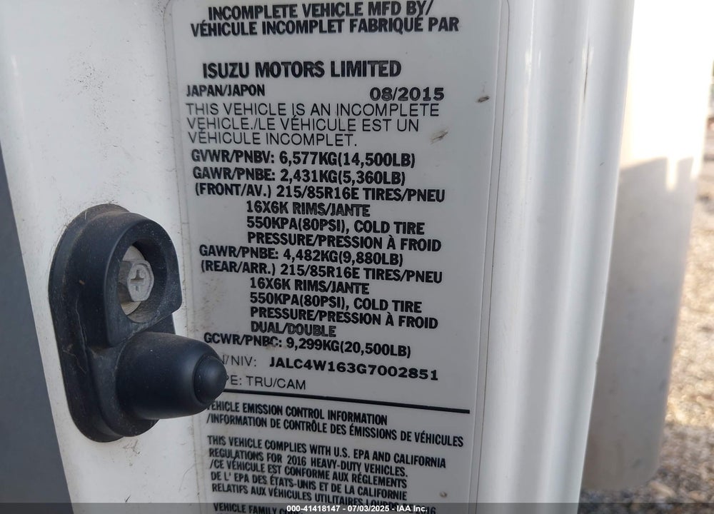2016 ISUZU NPR DSL REG AT VIN: JALC4W163G7002851