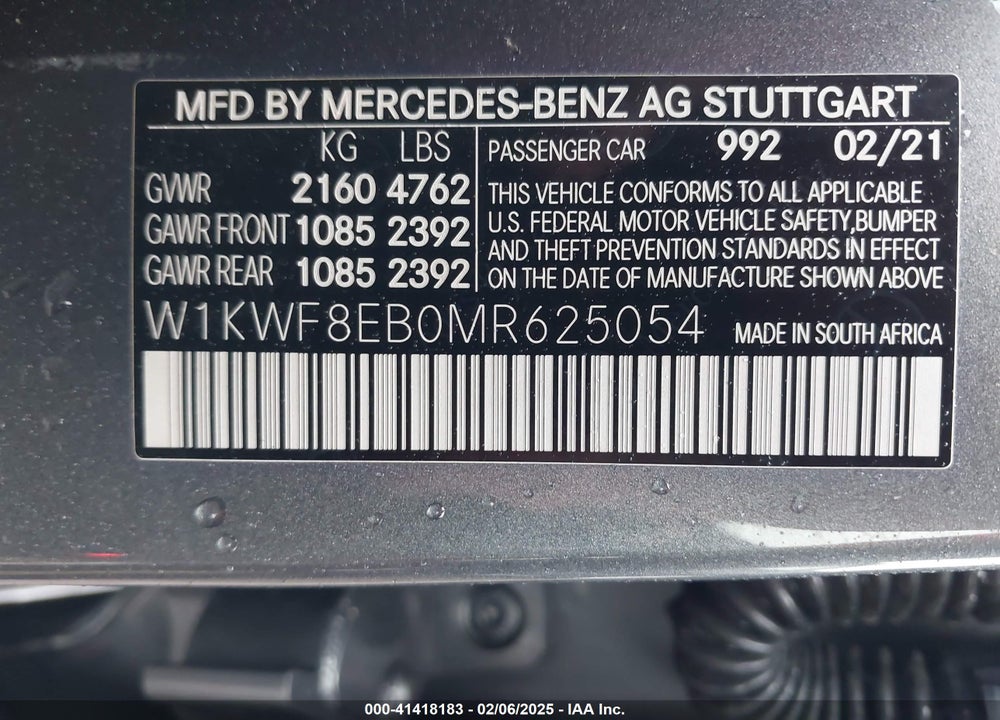2021 MERCEDES-BENZ C CLASS VIN: W1KWF8EB0MR625054