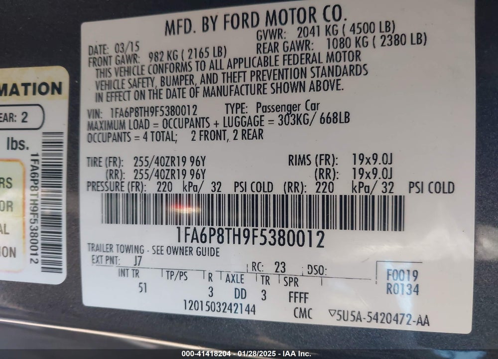 2015 FORD MUSTANG VIN: 1FA6P8TH9F5380012