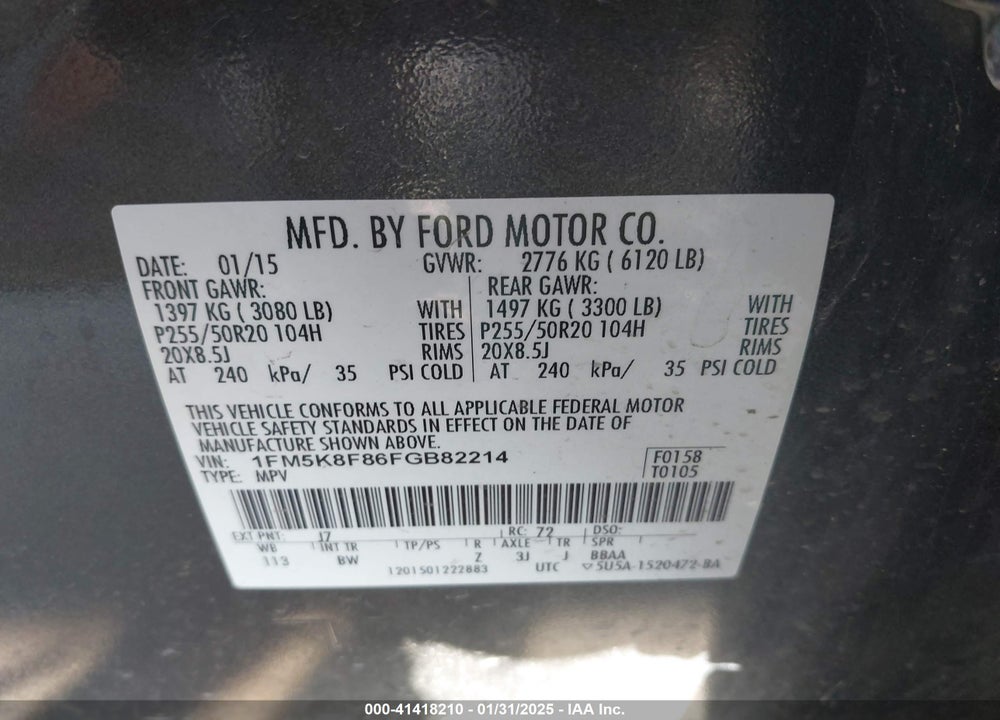 2015 FORD EXPLORER LIMITED VIN: 1FM5K8F86FGB82214