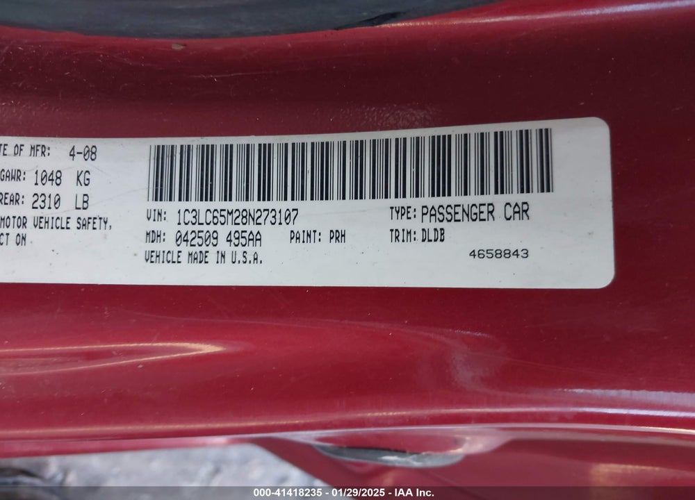 2008 CHRYSLER SEBRING LIMITED VIN: 1C3LC65M28N273107