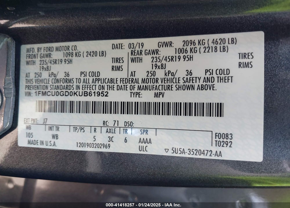 2019 FORD ESCAPE SE VIN: 1FMCU0GD0KUB61952