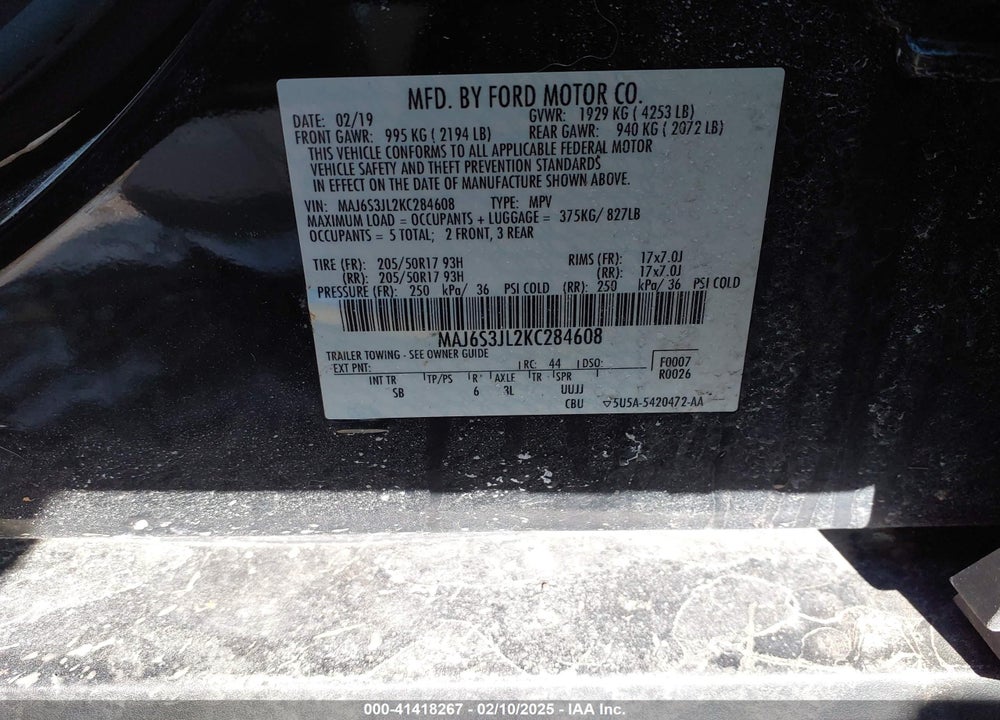 2019 FORD ECOSPORT SES VIN: MAJ6S3JL2KC284608