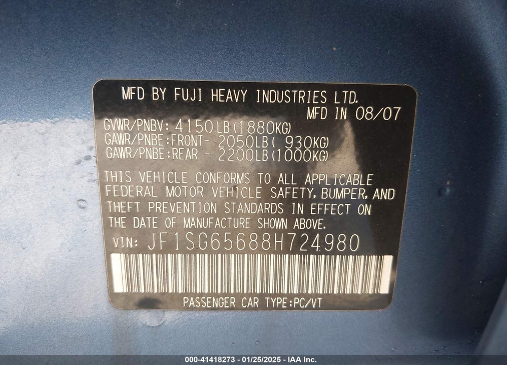 2008 SUBARU FORESTER 2.5X VIN: JF1SG65688H724980