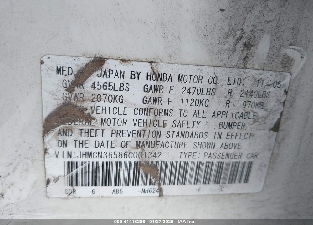 2006 HONDA ACCORD HYBRID VIN: JHMCN36586C001342
