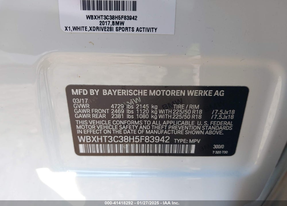 2017 BMW X1 XDRIVE28I VIN: WBXHT3C38H5F83942